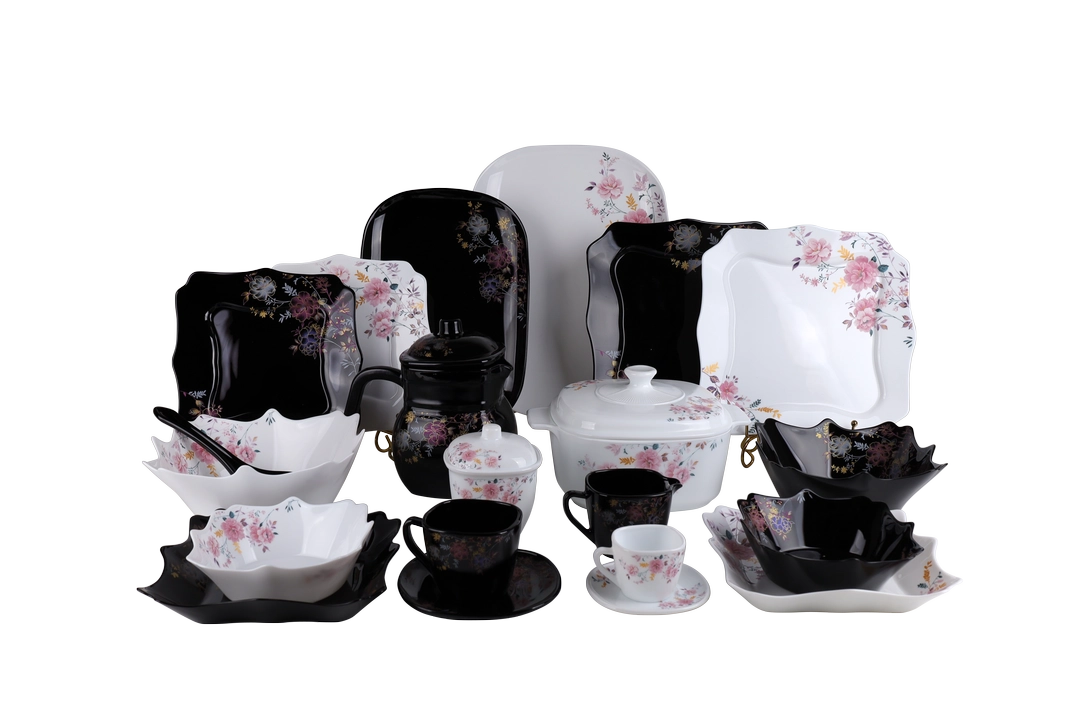 60 Piece Black and White Opal Glass Dinnerware Set