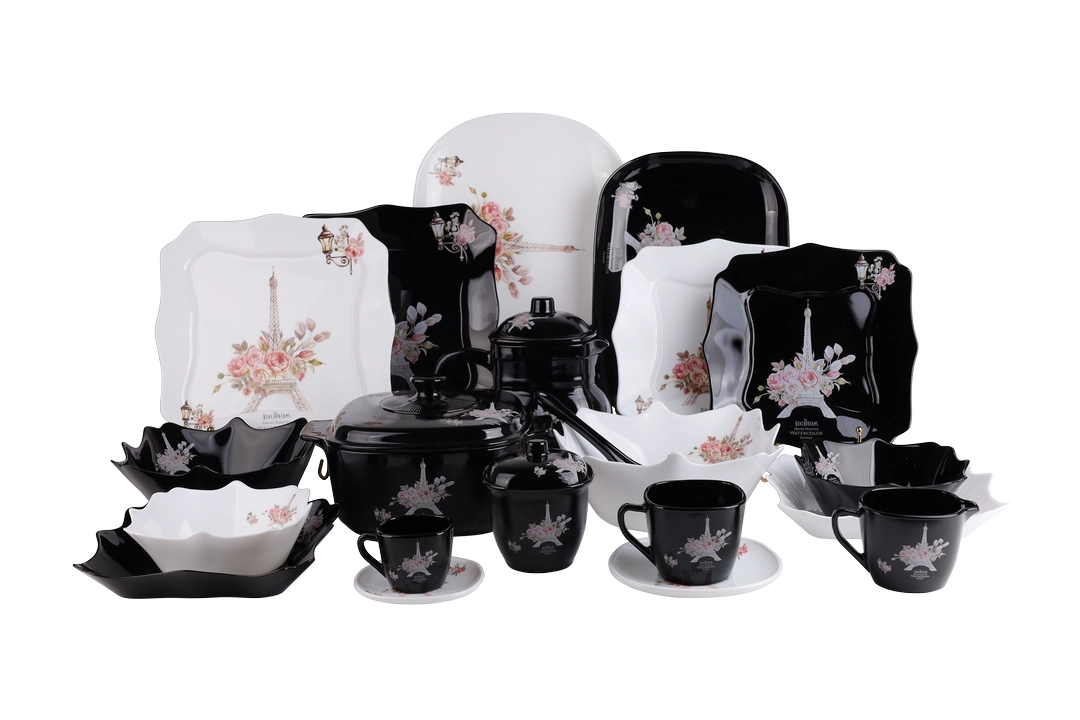 60 Piece Black and White Opal Glass Dinnerware Set