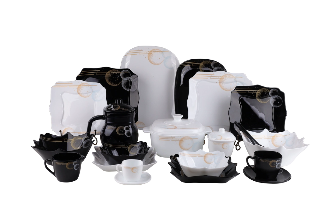 60 Piece Black and White Opal Glass Dinnerware Set