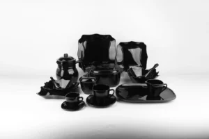 66 Piece Black Opal Glass Dinnerware Square Floral Design