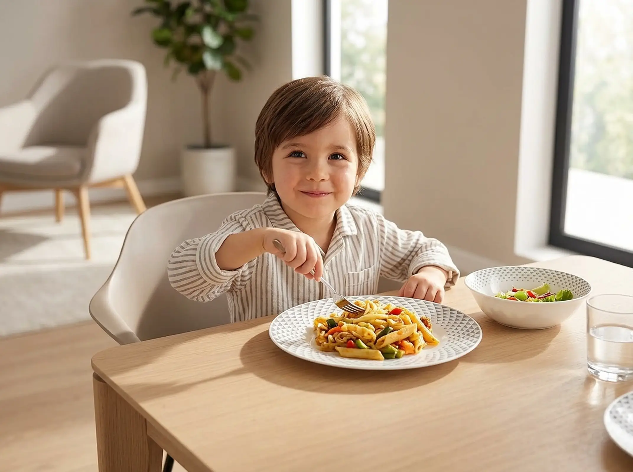 A child eating with an opal glass plate