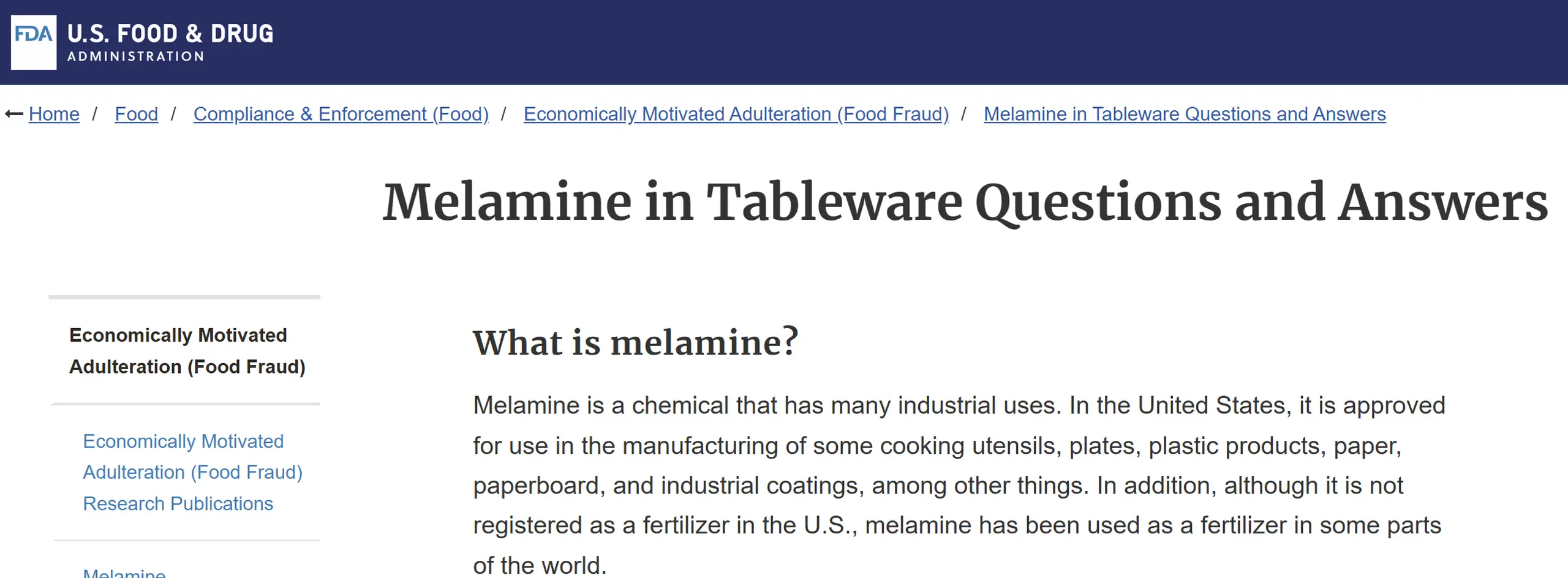 Melamine in Tableware Questions and Answers — U.S. FDA