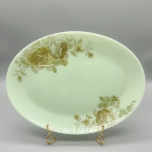 Jade Green Opal Glass Oval Fish Plate | OEM Decal & Gold Rim