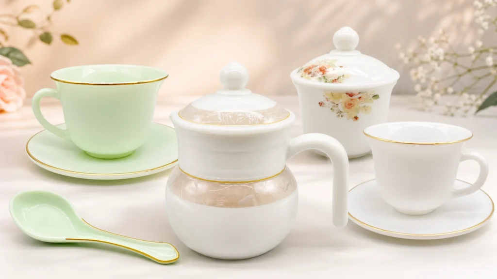 opal glass cups and pot