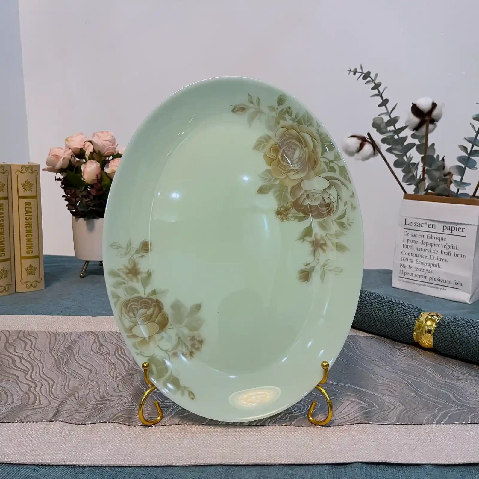 Jade Green Opal Glass Oval Fish Plate | OEM Decal & Gold Rim